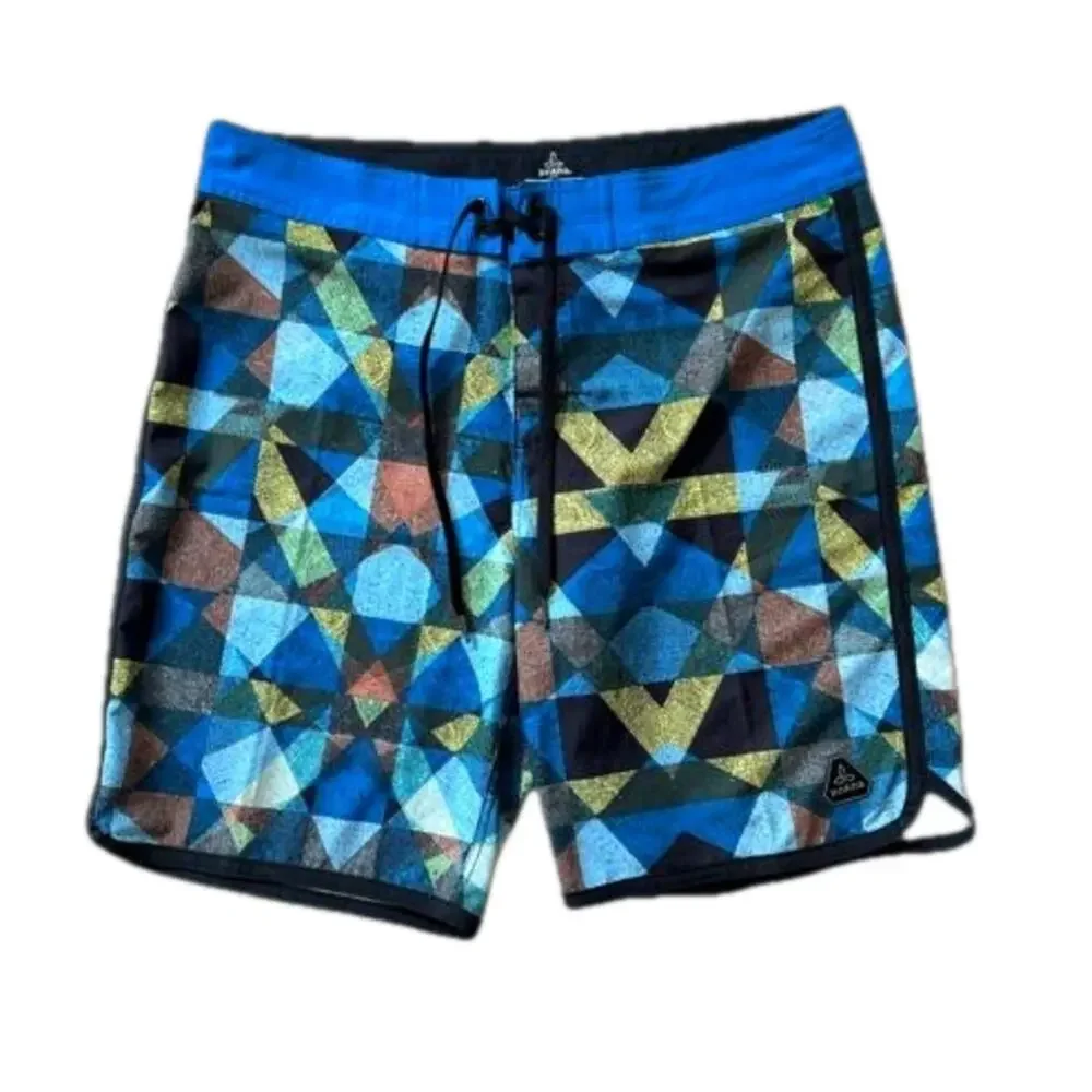 PrAna High Seas Boardshorts Vortex Blue Dune Swim Geometric Design Sz 33 UPF 50